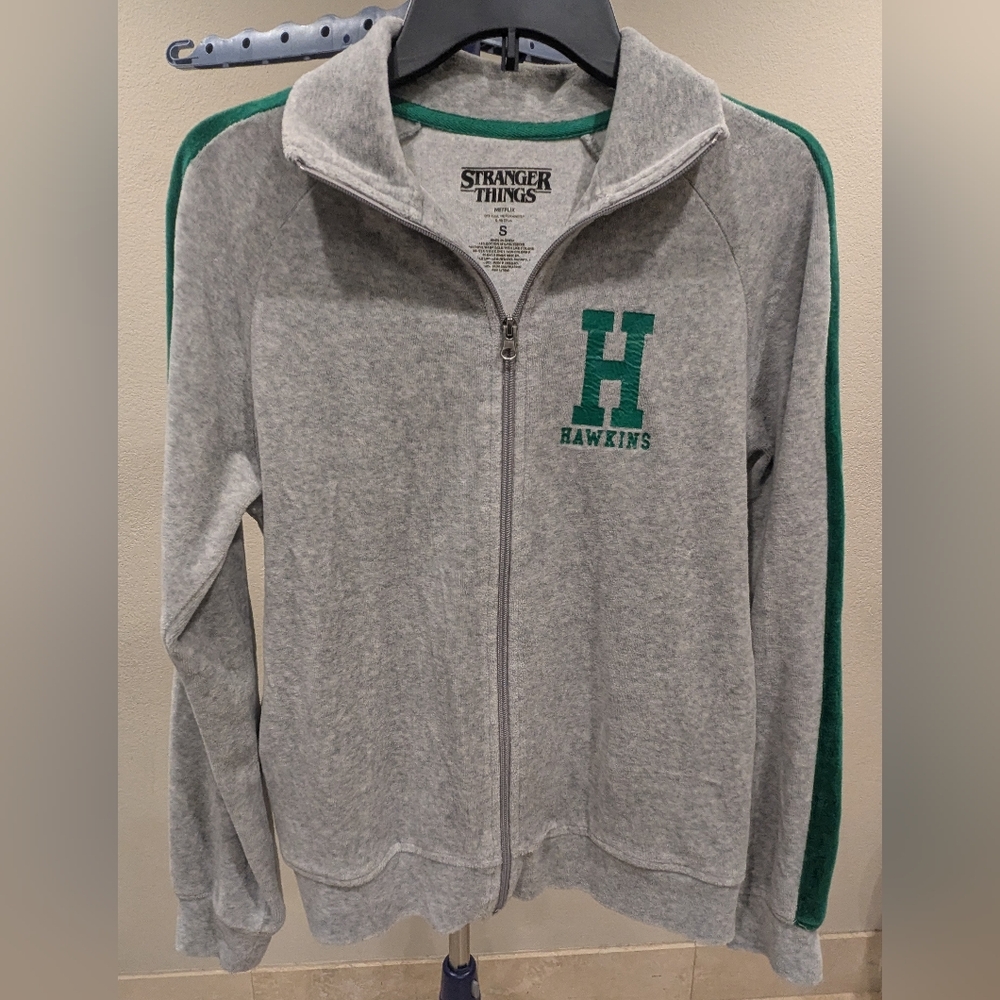 Stranger Things Full Zip Velour Track Jacket Hawkins Juniors S Gray & Green